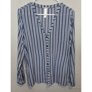 Hanro Sleep Shirt XS Blue White Striped Long Sleeve Button Down Viscose V Neck